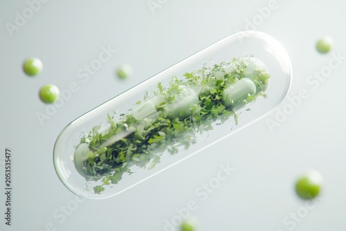 A transparent medical capsule filled with fresh green herbs and leaves  floating with small green spheres in a clean  minimalist studio setting