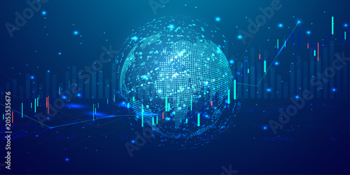 Fotografie Abstract global business background with wireframe globe and dynamic financial candlestick charts on blue