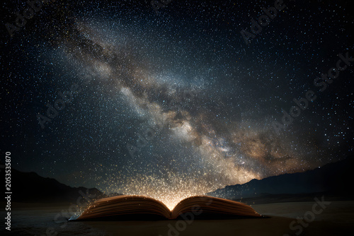 Mystical open book glowing with sparks under a vast starry night sky and the Milky Way, symbolizing stories, knowledge, and infinite possibilities.