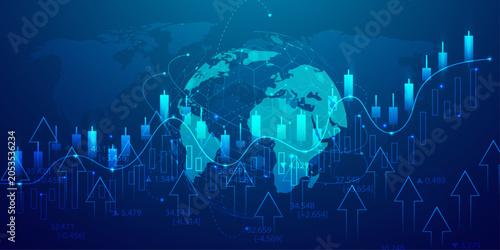 Fotografie Global economy concept with digital globe and upward arrows depicting market recovery and growth