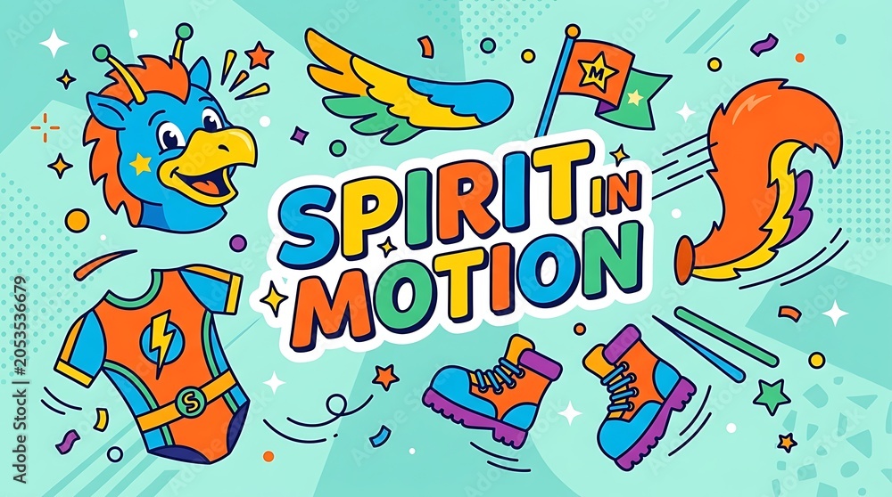 Naklejka premium Flat design colorful mascot costume pieces, text “Spirit in Motion”