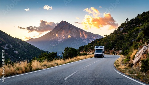Road trip scenic view of mountain and motorhome against sunset sky