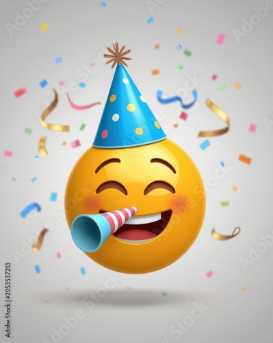 Happy yellow emoji face wearing a blue party hat and blowing a colorful party horn with falling confetti
