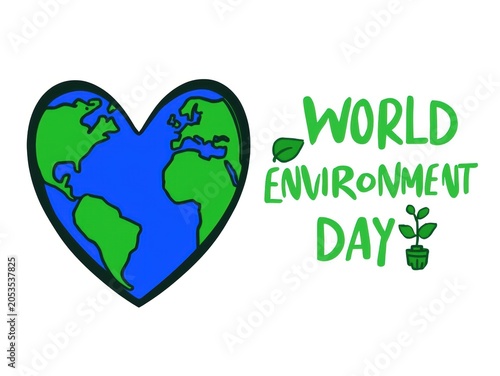 Heart shaped earth illustration for world environment day celebration with green leaves and small plant icon