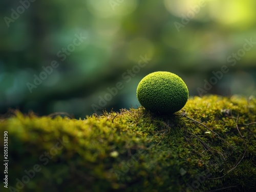Small round green mushroom growing on mossy wood in a dark forest with natural soft sunlight