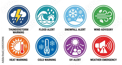 Weather forecast app icons with colorful monitoring and alert symbols