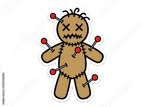 A cartoon-style voodoo doll with red pins stuck in it against a clean white background.