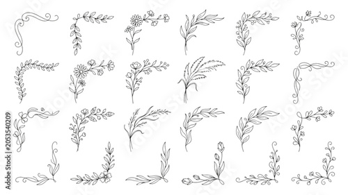 Boho Floral Corner Elements Frame Constructor Collection – Continuous Line Drawing with Botanical Curves and Minimalist Decorative Borders