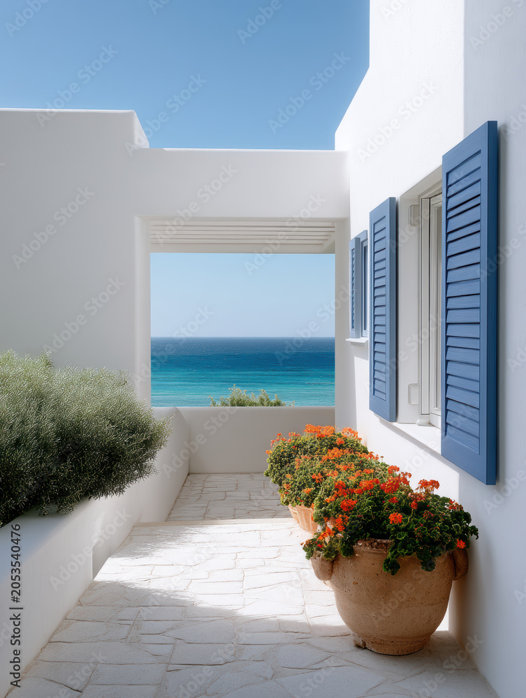 Naklejka premium Mediterranean island villa facade shutter sea view patio with white corridor, blue window frame, potted geranium, serene summer travel mood