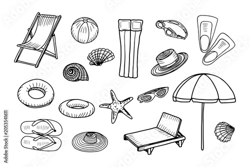 Summer-themed hand-drawn sketch doodle items for a seaside getaway, including chairs, umbrellas, hats, shells and swimwear