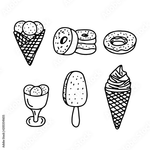 Simple hand-drawn line art doodle illustrations set of ice creams, frozen desserts and donuts