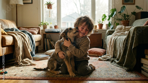 Happy Young Boy Hugging His Dog in a Cozy Living Room