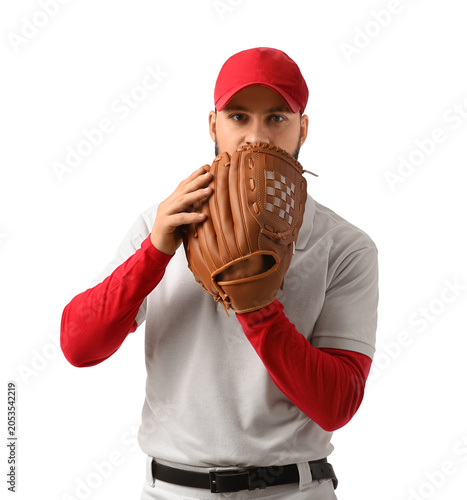 Принти на полотні Young male baseball player in red cap and uniform with brown leather glove, isol