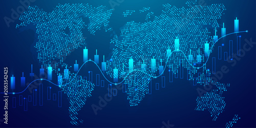 Fotografie Stock market growth concept with candlestick graph and dynamic trend line over digital world map