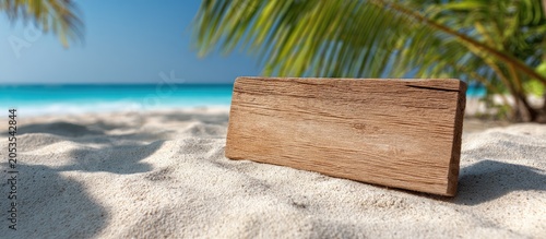 Natural wooden sign on a sandy beach with ocean and palm fronds
