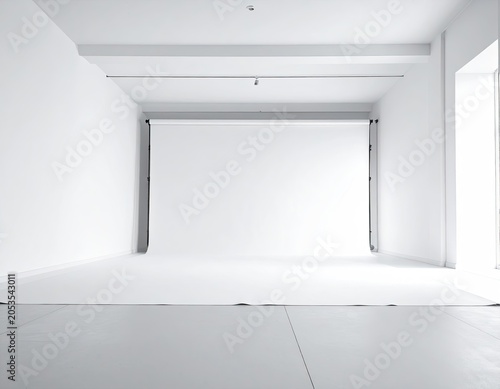 Modern, minimalist photography studio with white backdrop and walls, bright lighting