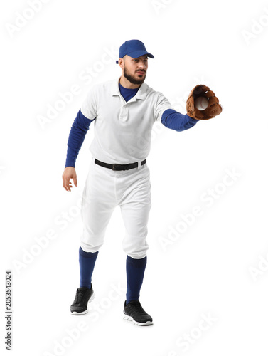 Fotografie Professional baseball player in uniform with glove and ball, sports training and