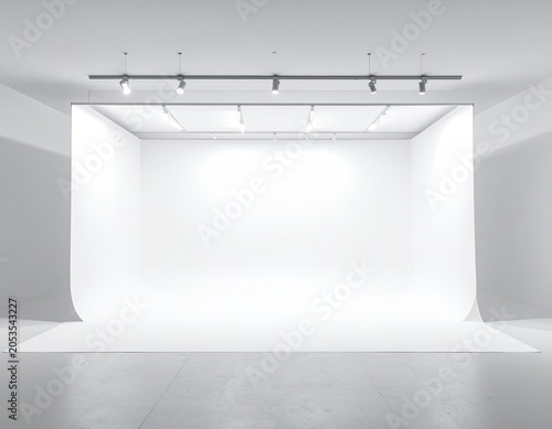 Modern, bright photography studio featuring blank backdrop, track lighting, and concrete floor