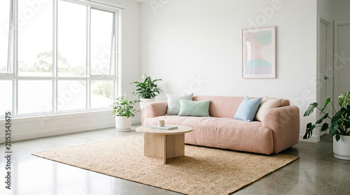 Modern Minimalist Living Room Interior with Sofa and Plants