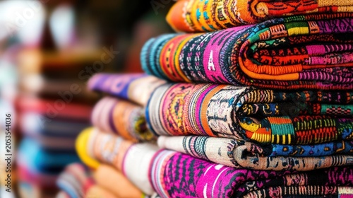Vibrant stack of colorful, intricately woven mexican textile fabrics with geometric patterns and traditional designs