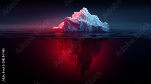 Iceberg showing above and below dark water with glowing red underwater section at night.