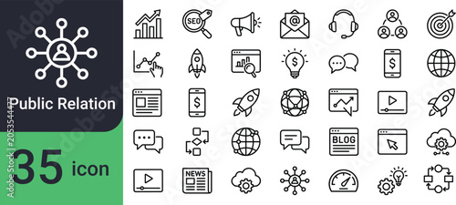 Bild auf Leinwand A collection of 35 line icons representing public relations and communication concepts