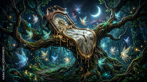 Surreal Nighttime Forest Scene with Melting Clock