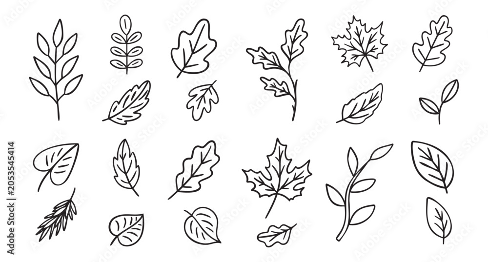 Fototapeta premium Cozy autumn doodle set of autumn leaves, line art monochrome hand drawn outline