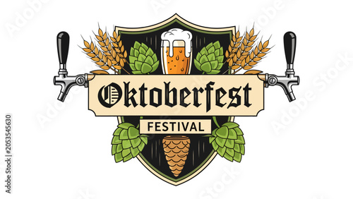 Oktoberfest Celebration Emblem: A detailed emblem representing Oktoberfest, featuring a foamy beer mug, hops, wheat, and beer taps, encapsulating the spirit of the famous festival.