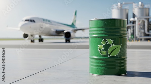 A green recycling barrel with eco-friendly symbols in the foreground, an airplane taxiing on the runway, and industrial tanks in the background.