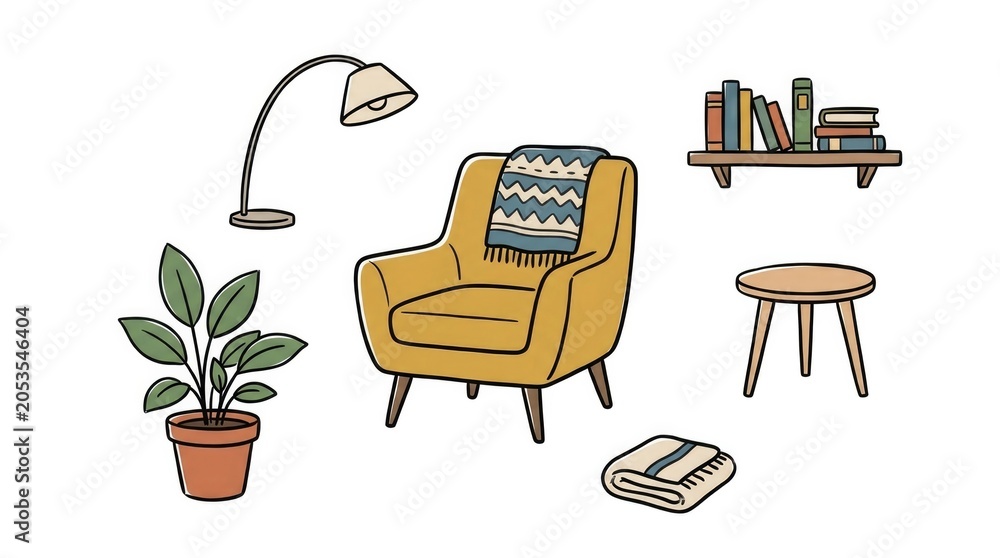 Fototapeta premium Cozy home decor doodle icons featuring chair, plant, and books for design projects and backgrounds