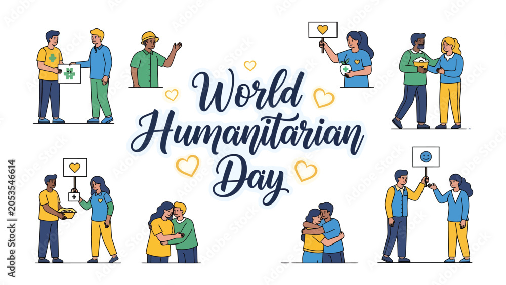 Fototapeta premium World Humanitarian Day Concept: A collage of illustrations depicting acts of kindness, support, and global unity in celebration of World Humanitarian Day.