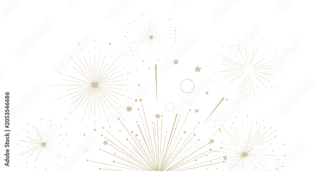 Obraz premium Golden fireworks vector illustration on white background, elegant gold firework bursts and sparkles, festive holiday celebration graphic