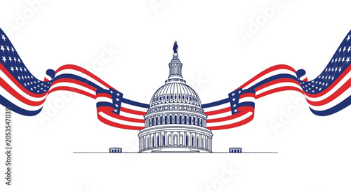 Schilderij op canvas Patriotic United States Capitol building vector, American flag ribbons and stars
