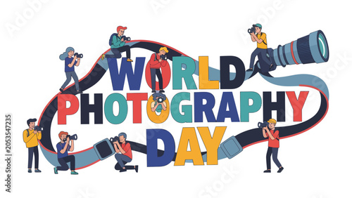 Bild auf Leinwand World Photography Day Celebration: A vibrant illustration depicting photographers of diverse backgrounds capturing moments around the colorful text World Photography Day