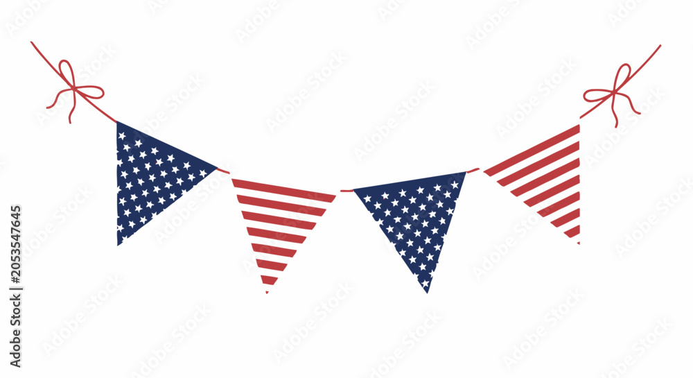 Fototapeta premium Patriotic American bunting banner with red and white stripes and blue polka dots, festive Fourth of July hanging garland, USA flag theme party decoration