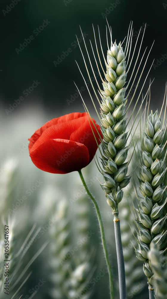Fototapeta premium Poppy wheat flower ear field red green macro close up with soft bokeh, summer agriculture background, calm natural mood