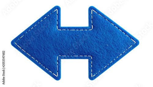 A textured, royal blue double-headed arrow, resembling a stitched emblem, pointing left and right against a black backdrop