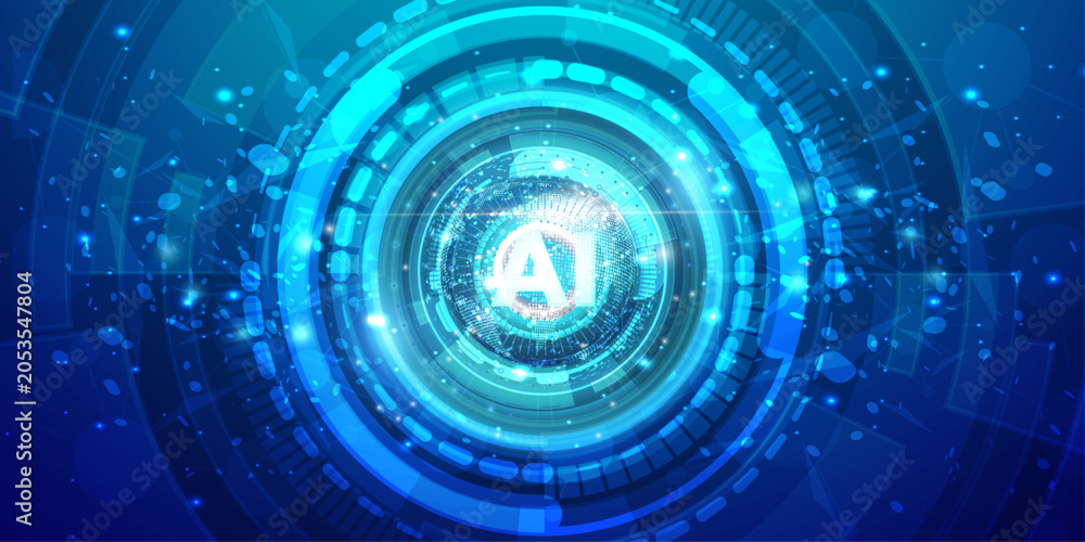 Fototapeta premium Abstract digital globe background featuring ai text and glowing circles.