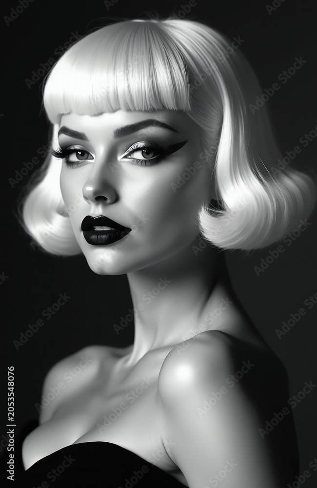 Fototapeta premium Retro woman with blonde bob wig and bold dark lipstick wears dramatic eyeliner. Fashion model poses in black top, elegance and classic beauty evident in monochrome studio shot.