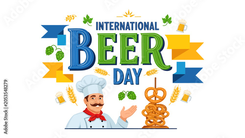Konstfotografi International Beer Day Celebration: A festive illustration for International Beer Day, featuring a chef presenting a tower of pretzels, surrounded by hops, barley, beer mugs, and colorful banners