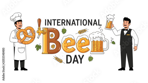 Billede på lærred International Beer Day Celebration: A jovial celebration of International Beer Day featuring a chef holding a pretzel and a waiter holding a beer, with decorative elements of beer mugs and hops