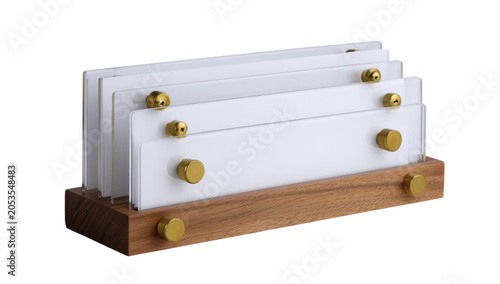 Modern, minimalist office organizer. Wood base with acrylic or glass layers, secured by brass hardware. The layered design offers visual interest