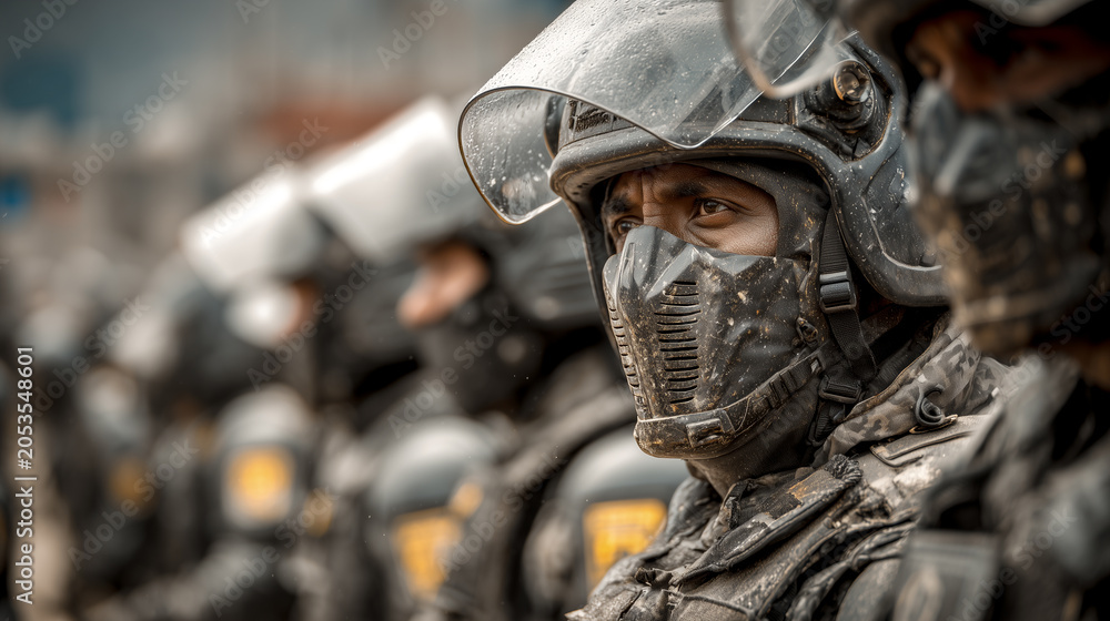 Obraz premium riot_police_standing_in_protective_gear_line