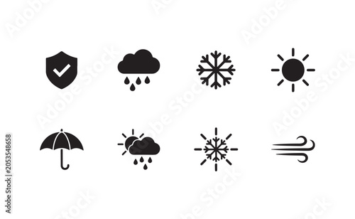 Tableau sur toile Set of weather and climate conditions icons black and white, sun, rain, wind, isolated vector
