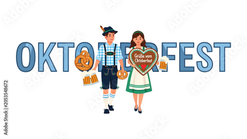 Bild auf Leinwand Oktoberfest Celebration Illustration: A charming illustration depicts a man and woman in traditional Bavarian attire holding beer mugs and a gingerbread heart