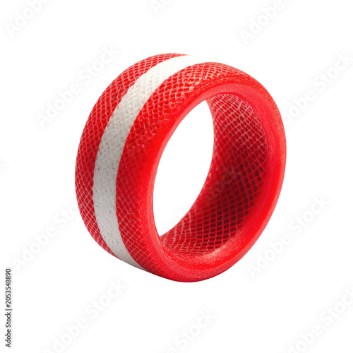 A vibrant, textured ring with a red outer shell and a central white band. It appears to be floating against a black background