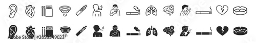 Set of smoking and health related icons including ear, heart, matches, smoke detector, vape, smoker, chest pain, cigarette, lungs, brain, cough, broken heart on transparent background
