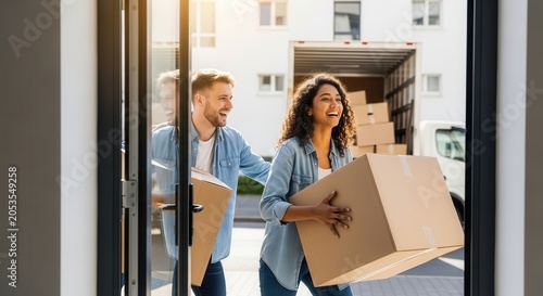 happy couple moving into new home with cardboard boxes