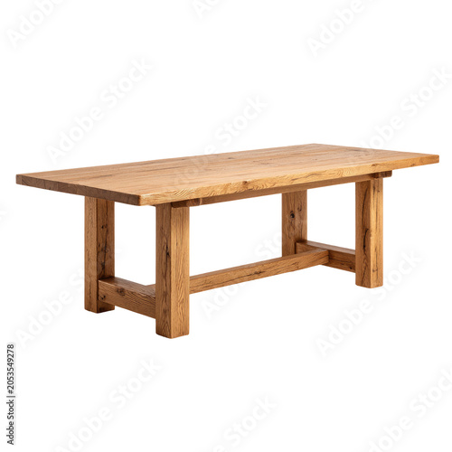 A rustic wooden rectangular table with thick legs and a solid tabletop, likely for a dining space. It stands alone against a black background